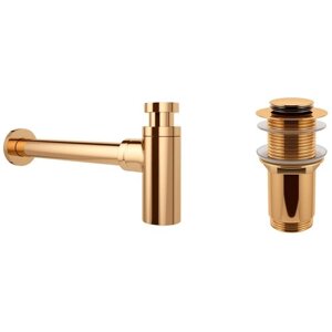 Сифон для раковины Wellsee Drainage System 182106002 в наборе 2 в 1: металлический сифон и донный клапан с переливом в цвете золото