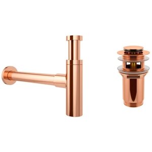 Сифон для раковины Wellsee Drainage System 182122001 в наборе 2 в 1: металлический сифон и донный клапан с переливом в цвете розовое золото