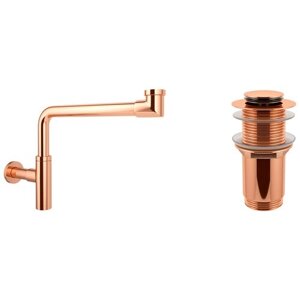 Сифон для раковины Wellsee Drainage System 182127002 в наборе 2 в 1: металлический сифон и донный клапан с переливом в цвете розовое золото