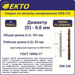 Сверло по металлу HSS-G кобальт 5% 6,6 мм цилиндрический хвостовик EKTO