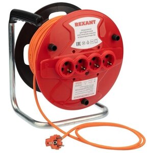 Удлинитель электрический Rexant 11-7085 Удлинитель-шнур на катушке ПВС 3х1.0, 50 м, 4 гнезда, с/з, 10 А, 2200 Вт, IP20, оранжевый