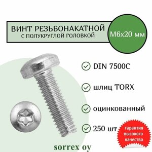 Винт М6х20 резьбонакатной (резьбовыдавливающий) TORX с полукруглой головой DIN 7500C оцинкованный Sorrex OY (250 штук)