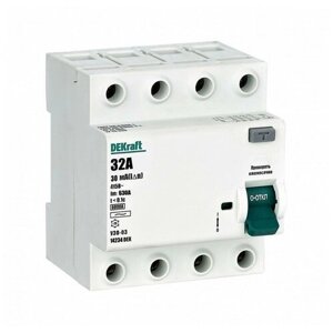 Выключатель дифференциального тока 4P 32А 30мА тип AC 6кА УЗО-03 | код 14234DEK | DEKraft (4шт. в упак.)