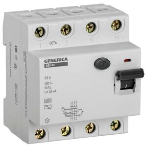 Выключатель дифференциального тока (УЗО) 4п 63А 30мА тип AC ВД1-63 GENERICA | код MDV15-4-063-030 | IEK (2шт. в упак.)