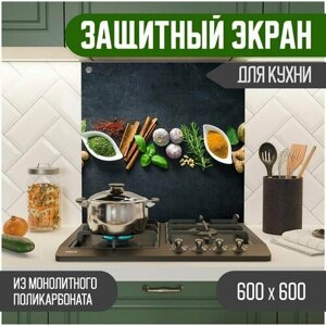 Защитный экран для кухни 600 х 600 х 3 мм "Специи", акриловое стекло на кухню для защиты фартука, прозрачный монолитный поликарбонат, 600-07-1