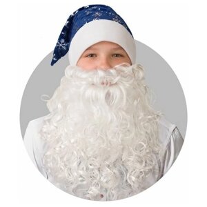 Батик Колпак новогодний из плюша «Снежинки» с бородой, размер 55-56, цвет синий