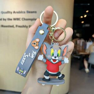 Брелок 3D брелок - игрушка на ключи, сумку, рюкзак Tom&Jerry / Том на скейте, серый, красный