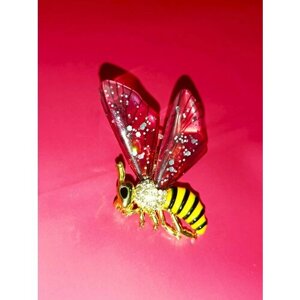 Брошь Пчелка с крылышками, искусственный камень, желтый, розовый