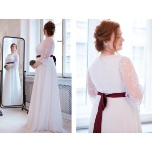 Длинное белое венчальное свадебное платье А-силуэта с кордовым кружевом без пояса. Размер 52-170