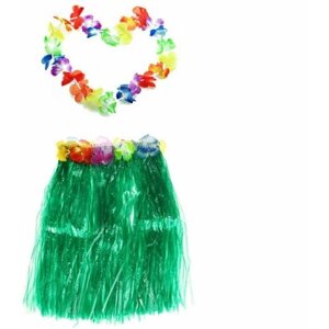Гавайская юбка 40 см зеленая, гавайское ожерелье 96 см