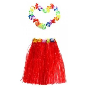 Гавайская юбка 60 см, красная, гавайское ожерелье 96 см