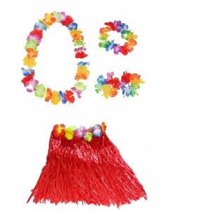 Гавайская юбка красная 40 см, ожерелье лея 96 см, венок, 2 браслета (набор)