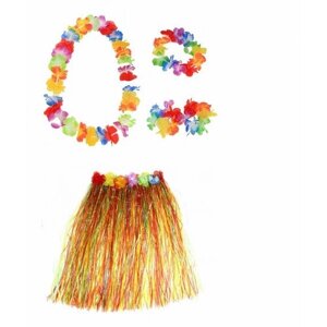 Гавайская юбка разноцветная 40 см, ожерелье лея 96 см, венок, 2 браслета (набор)