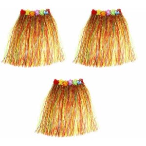 Гавайская юбка разноцветная с цветочками, 40 см (Набор 3 шт.)
