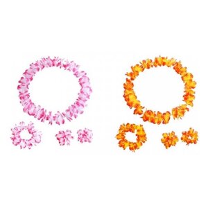 Гавайский набор, 4 предмета: ожерелье лея, венок, 2 браслета (цвет розовый, оранжевый) (2 набора в комплекте)