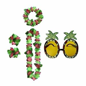 Гавайский набор Хула - 3 : гавайское ожерелье, повязка на голову, браслеты, очки