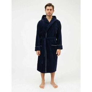 Халат Luisa Moretti, длинный рукав, банный халат, трикотажная, капюшон, размер M, синий