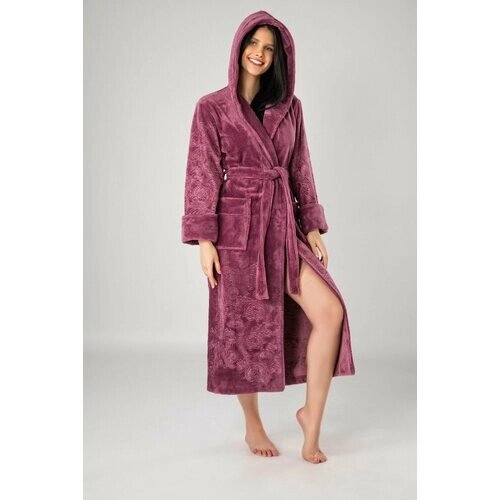 Халат Nusa, карманы, банный халат, капюшон, пояс/ремень, размер 2XL, розовый, фиолетовый