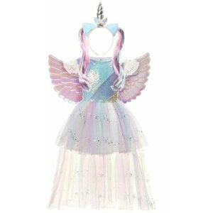 Карнавальное платье "Единорог" розовое с паетками (ободок с радужными волосами+крылья) 140