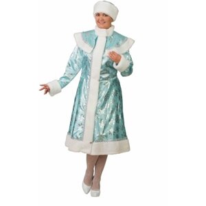 Карнавальный костюм "Снегурочка сатин бирюза со снежинками", шуба, шапка, р. 54-56 4607755