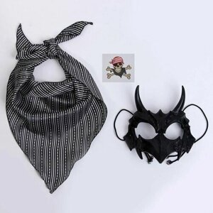 Карнавальный набор: бандана в полоску, маска с рогами латекс черная, т. наклейка / 9580011