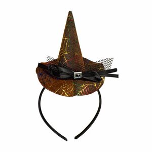 Карнавальный ободок на хеллоуин "Мини шляпа ведьмы" коричневый / Колпак ведьмы с паутинкой голография 1 шт.