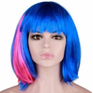 Карнавальный праздничный парик из искусственного волоса Riota Каре с цветной прядью, 120 гр, синий/розовый, 1 шт.