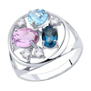 Кольцо Diamant online, серебро, 925 проба, фианит, топаз, Лондон топаз, аметист, размер 19.5