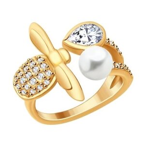 Кольцо Diamant online, серебро, 925 проба, золочение, жемчуг, фианит, размер 16