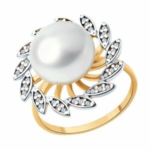 Кольцо Diamant online, серебро, 925 проба, золочение, жемчуг, фианит, размер 18, белый