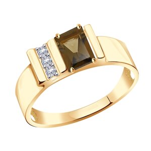 Кольцо Diamant online, золото, 585 проба, фианит, раухтопаз, размер 18.5, коричневый