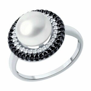Кольцо Diamant, серебро, 925 проба, родирование, фианит, шпинель, жемчуг пресноводный культивированный, размер 17.5, серебро