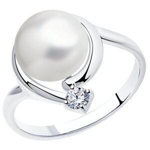 Кольцо Diamant, серебро, 925 проба, родирование, фианит, жемчуг пресноводный, размер 18.5