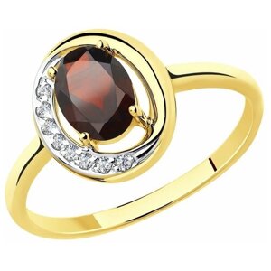 Кольцо Diamant, желтое золото, 585 проба, гранат, фианит, размер 18