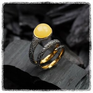 Кольцо DREVO Серебряное кольцо с янтарной вставкой 17 - 17.5 р-р., серебро, 925 проба, золочение, янтарь, размер 17, серебряный, желтый
