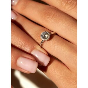 Кольцо помолвочное SKAZKA Natali Romanovoi женское с кристаллом тонкое, серебро, 925 проба, родирование, фианит, размер 17, бесцветный, серебряный