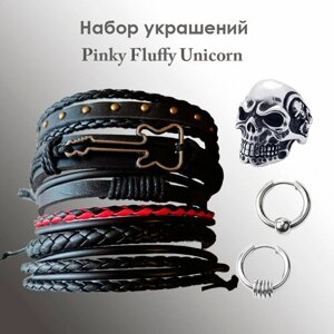 Комплект бижутерии FJ: кольцо, серьги, браслет, размер кольца 19, размер браслета 19 см, черный, серебряный
