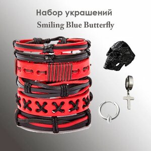 Комплект бижутерии FJ Smiling Blue Butterfly: кольцо, серьги, браслет, клипсы, размер кольца 18, размер браслета 19 см, красный, черный