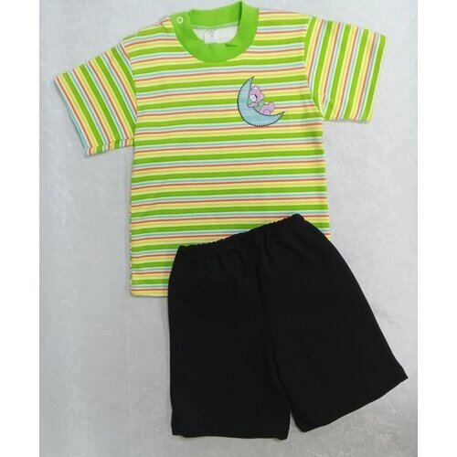 Комплект для мальчика футболка, цвет: мульти полоска с принтом Медвежонок, и шорты, цвет: черный, ткани: хлопок 100% интерлок, размер: 122-128 (64)