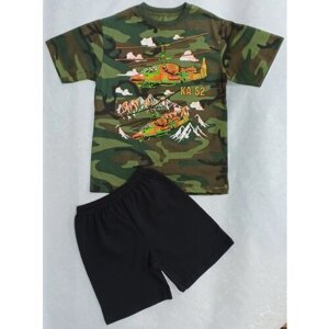 Комплект для мальчика футболка, цвет: зеленый камуфляж с принтом КА-52, и шорты, цвет: черный, размер 122-128 (64)