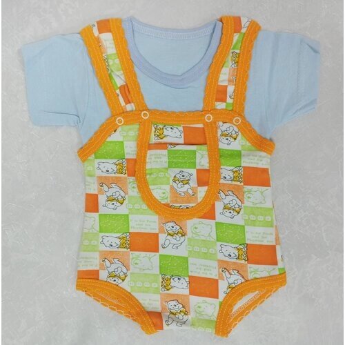 Комплект летний для малыша: футболка, песочник с 1 карманом, 100%хлопок-супрем, принт мишки, цвет: голубой, оранжевый, р. 68 (3-6 месяцев)