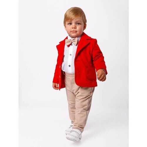 Комплект одежды Chadolls для мальчиков, брюки и рубашка и галстук и пиджак, нарядный стиль, карманы, пояс на резинке, трикотажный, размер 80, бежевый, красный