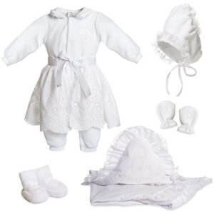 Комплект одежды для девочек, комбинезон и шапка и пинетки и рукавицы, нарядный стиль, размер 62, белый