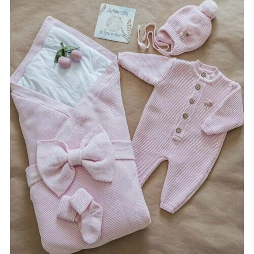 Комплект одежды для девочек, шапка и комбинезон и плед и бант и носки, нарядный стиль, размер 1-3 мес, розовый