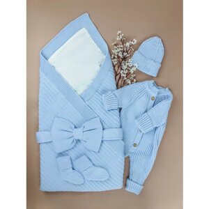 Комплект одежды для мальчиков, носки и шапка и бант и плед и комбинезон, нарядный стиль, размер 1-3 мес, голубой