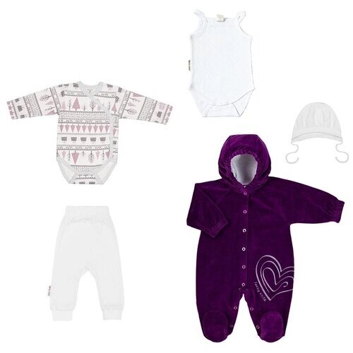 Комплект одежды lucky child для девочек, комбинезон и чепчик и брюки и боди, повседневный стиль, подарочная упаковка, размер 40/18 (56-62), фиолетовый, белый