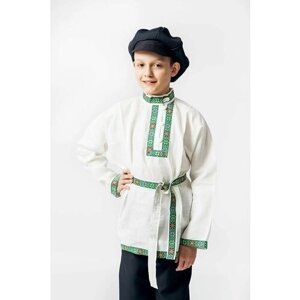 Косоворотка Владимир, русская народная рубаха, белая с зеленой тесьмой 5-6 лет (110-116 см)