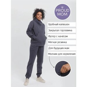 Костюм для кормления Proud Mom, худи и брюки, повседневный стиль, полуприлегающий силуэт, утепленный, карманы, эластичный пояс/вставка, капюшон, размер S, серый