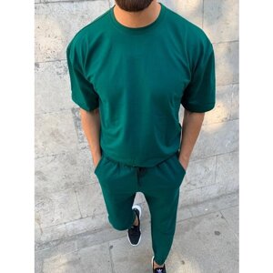 Костюм , футболка и брюки, повседневный стиль, свободный силуэт, карманы, размер 46, зеленый