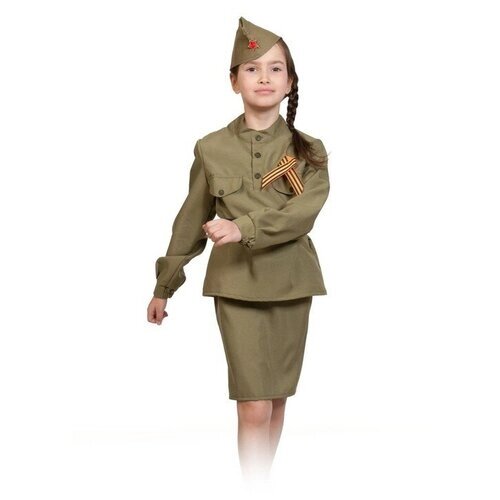 Kостюм "Солдаточка", гимнастёрка, ремень, юбка, пилотка, бант, р-р M, рост 128-134 см
